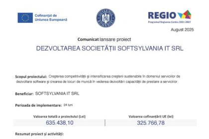 Comunicat de lansare a proiectului Softsylvania IT SRL