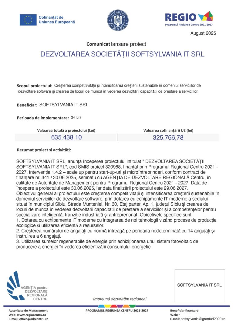 Comunicat de lansare a proiectului Softsylvania IT SRL