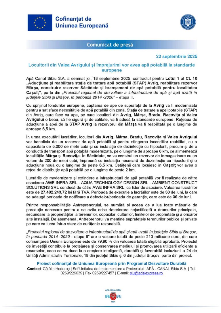 Locuitorii din Valea Avrigului vor avea apa potabila europeana