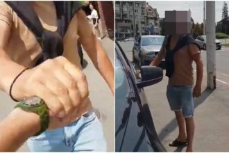 sofer agresiv pe trotuar injurand un pieton