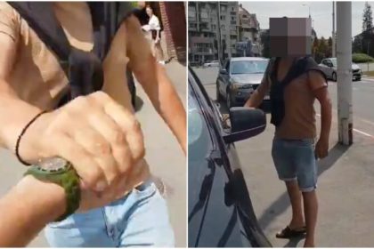 sofer agresiv pe trotuar injurand un pieton