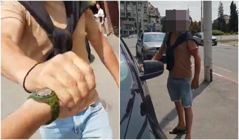 sofer agresiv pe trotuar injurand un pieton