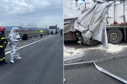Accident intre doua TIR uri pe autostrada Sibiu Deva 23 de tone de sulfat de amoniu imprastiate pe sosea video foto