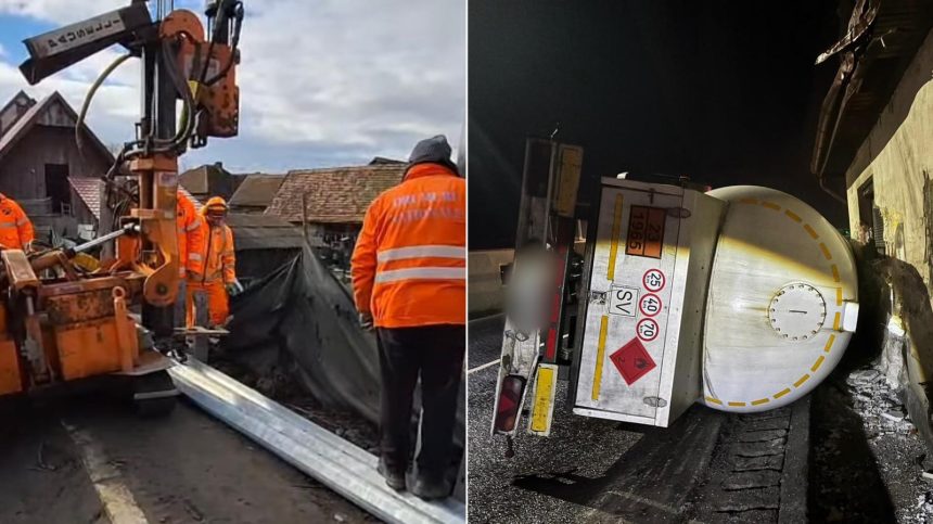 Parapetul de siguranta de pe DN1 la Scoreiu a fost refacut dupa ce a fost distrus de o autocisterna plina cu gaz video