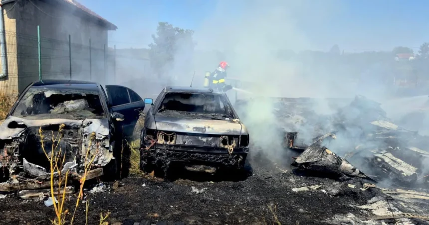 Incendiu la Apoldu de Sus: trei vehicule distruse, casă salvată de pompieri