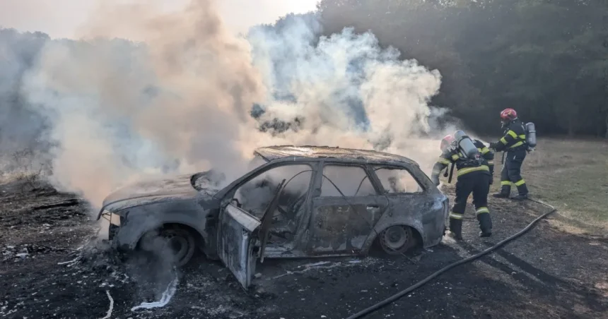 Incendiu la o mașină lângă Ludoș; pompierii au oprit focul înainte de pădure