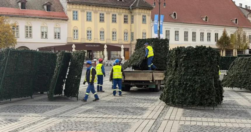 Montarea bradului de Crăciun a debutat în Piața Mare